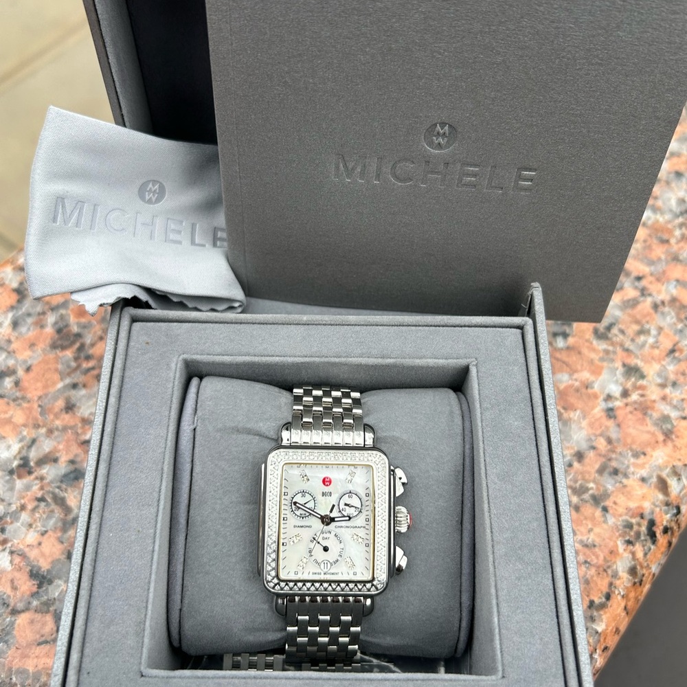 MICHELE DECO MOP DIAMOND DIAL AND BEZEL CHRONOGRAPH LADIES WATCH - Picture 2 of 15